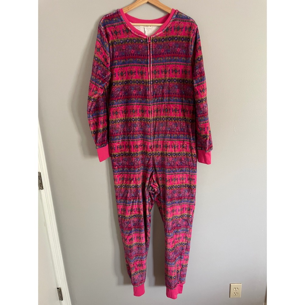 Natural Life Fleece Jumpsuit Womens M Pink Boho Floral Zip Up Loungewear Cozy